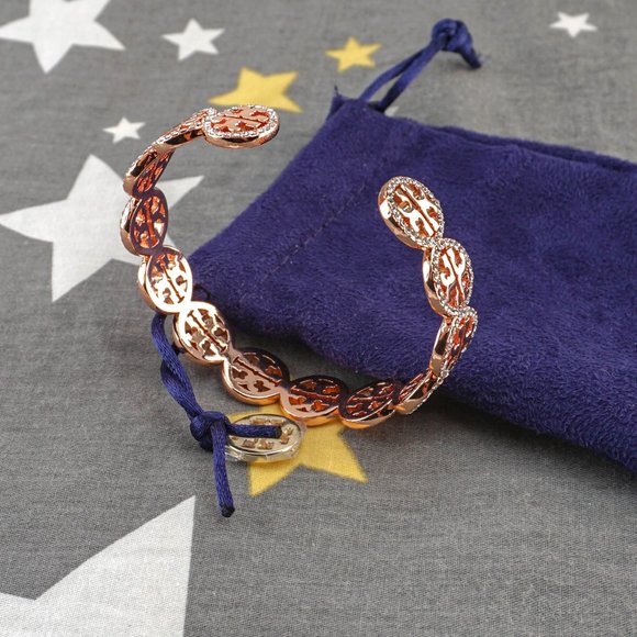 Tory Burch Miller Pave Repeating Logo Crystal Cuff Bracelet Bangle in Rose Gold - Picture 3 of 5